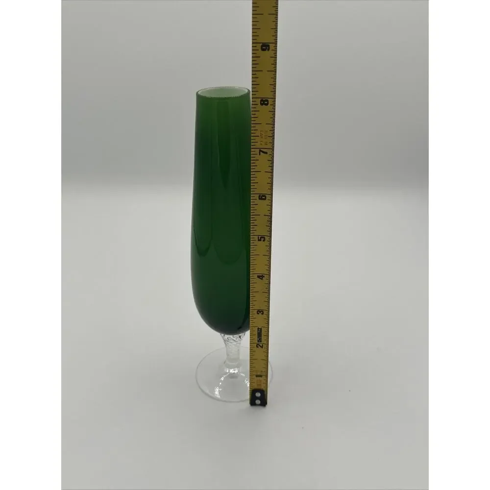 MCM Green Cased Art Glass Cylinder Bud Vase Mid Century Clear Stem Glass Vase